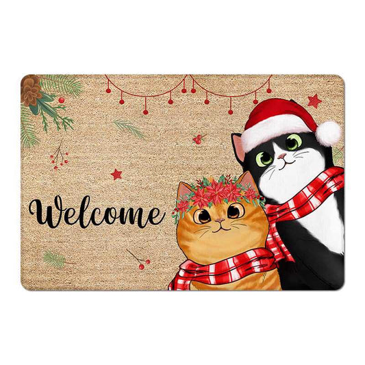 Meowy Catmas Cute Peeking Fluffy Cat Christmas Personalized Doormat